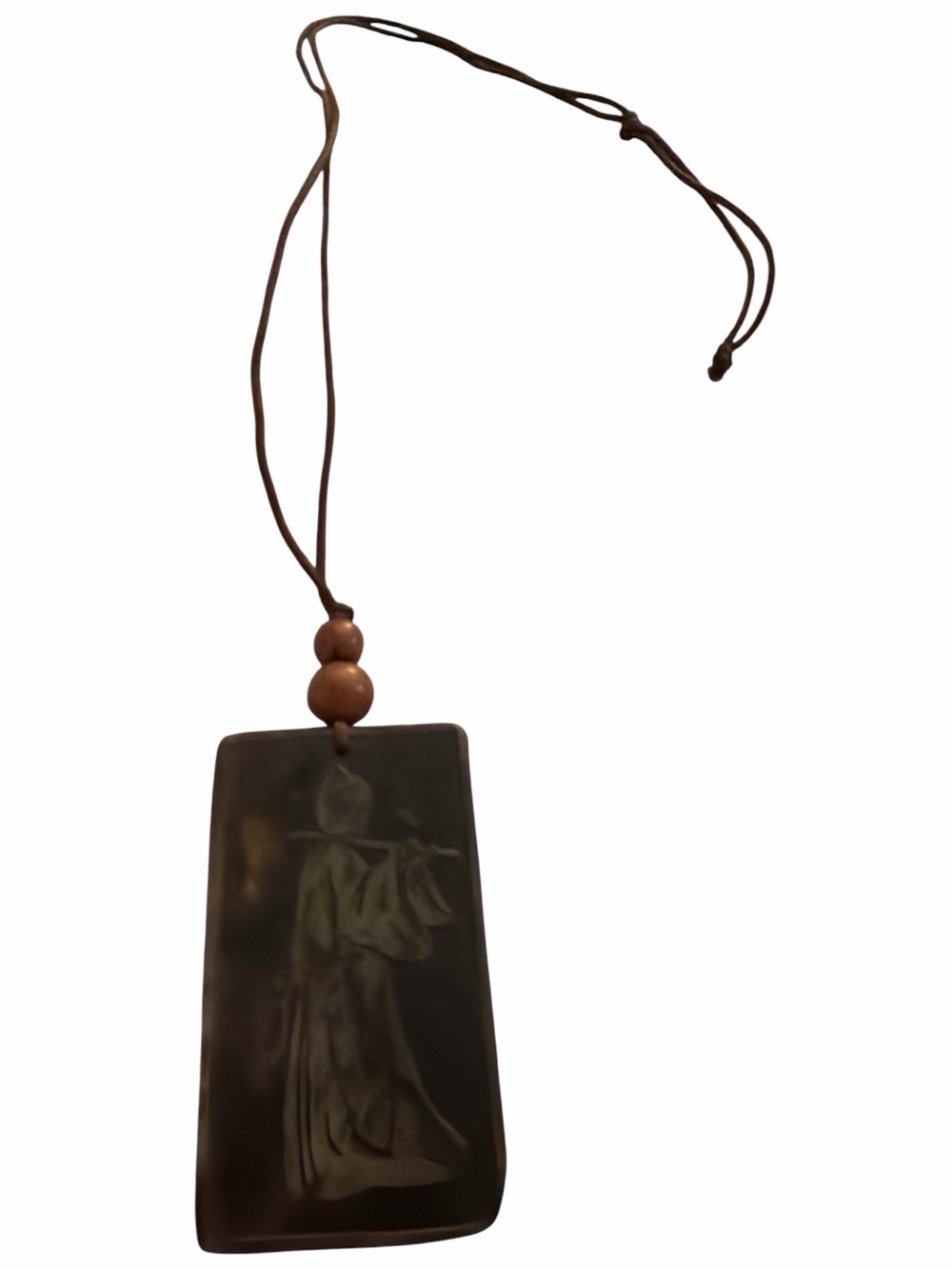 Asian Print Brown Stone Engraved Pendant Necklace with Adjustable Cord